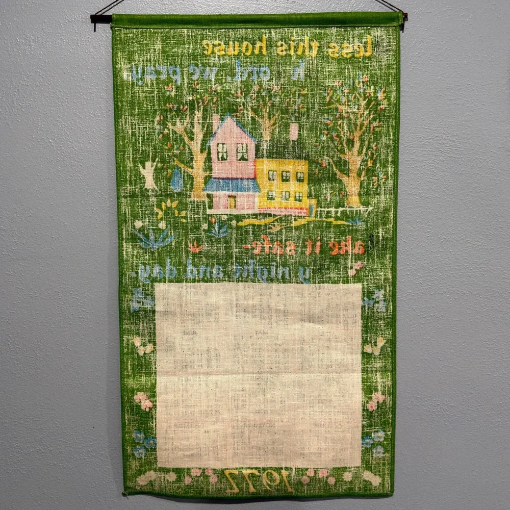 Vintage 1972 Linen Calendar Tea Towel Wall Hanging Bless This House Green 16x28
